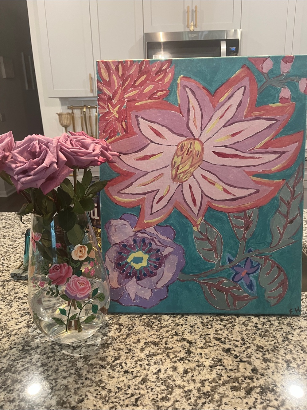 Floral Statement Canvas Painting in Pink and Teal - Hand painted acrylic floral
